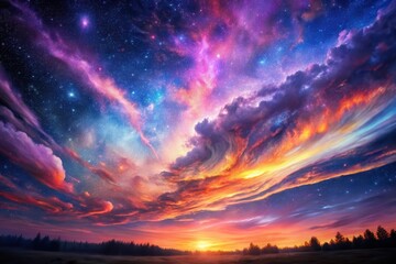 Naklejka premium A Dreamlike Celestial Sunset with Vibrant Hues and Starry Swirls Above a Silhouetted Horizon