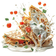 A Chicken and Cheese Quesadilla with Sour Cream Isolated on Transparent Background
