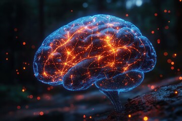 Futuristic 3D Render of Bioluminescent Human Brain with Neural Connections and Dynamic Composition