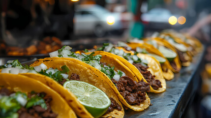 Street Food Delights:  A row of tantalizing tacos, filled with savory meat and fresh toppings, awaits hungry customers at a bustling street food stall.