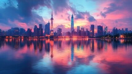 Obraz premium Shanghai Skyline Reflecting in Pink and Blue Dawn