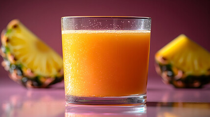 Glass of Fresh Pineapple Juice with Slices on Purple Background in Soft Studio Lighting Showcasing its Golden Hue and Inviting Tropical Refreshment