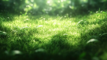 Naklejka premium Lush green field bathed in sunlight, with vibrant grass casting a soft, glowing light, enhancing its natural beauty