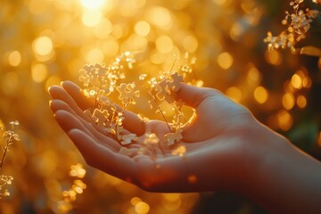 Hands Connecting Puzzle Pieces for Teamwork and Business Success with Sunset Sky Background