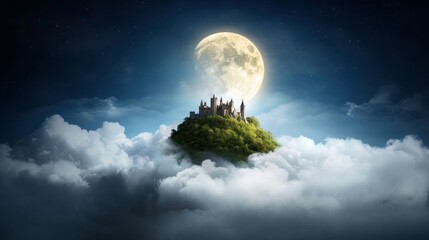 Fototapeta premium Enchanted Castle on a Cloudy Island Under a Glowing Moon