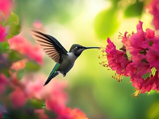 Fototapeta premium Hummingbird hovering near vibrant rhododendron blossoms in soft light