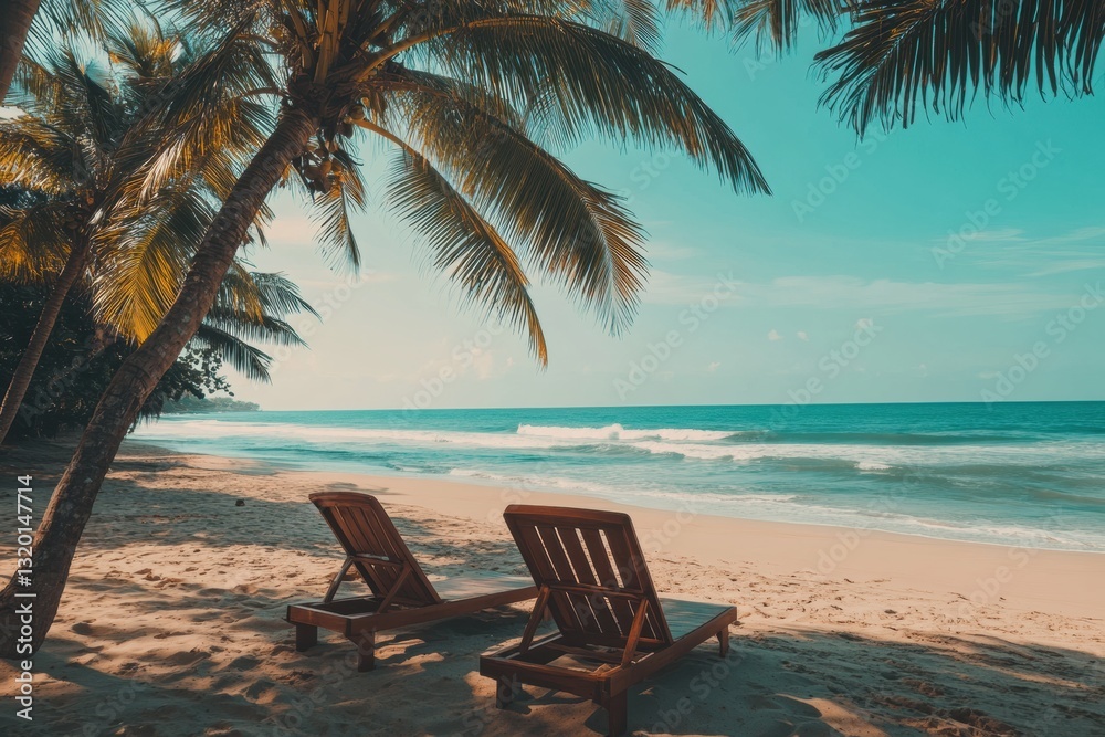 Poster serene beach landscape with sun loungers under palm trees and gentle waves in a tranquil setting at 