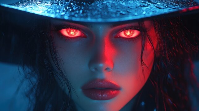 Close-Up Portrait of a Vampire Woman in Dark Fantasy Setting with Glowing Teeth and Dramatic Expression