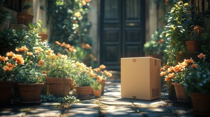 Cardboard Package at Front Door Surrounded by Flowers in Warm Sunlight