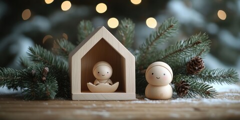 Scandinavian Minimalist Wooden Nativity Scene with Pine Branches and Soft Light