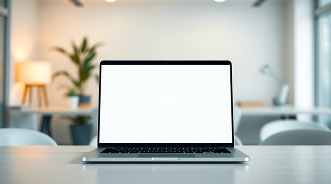 Modern Laptop Computer Mockup White Screen Office Workspace Clean Minimalist Design Technology Digital Device Blank Display Business Workplace         - Powered by Adobe