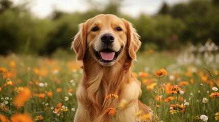 Golden retriever basking in the glow of a sunny meadow, happiness