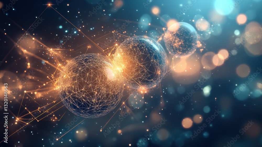 Poster Explore interconnected virtual worlds with luminous spheres and radiant light pathways emphasizing creativity and imagination