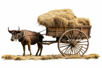 Obraz premium Brown Ox Pulling Wooden Cart Loaded with Hay Against White Background
