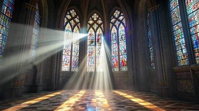 Magnificent sunlight beams illuminate a grand church interior with colorful stained glass