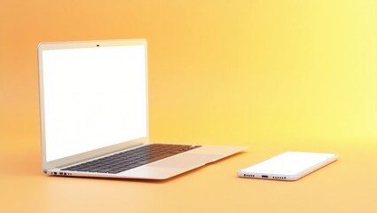 Laptop and smartphone set against a gradient backdrop. 3D representation of a laptop with space for text. Side profile of a notebook and phone featuring blank screens.