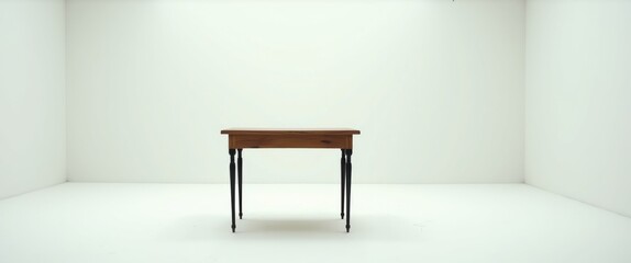 Fototapeta premium A wooden table is positioned against a white background, supported by black metal legs.