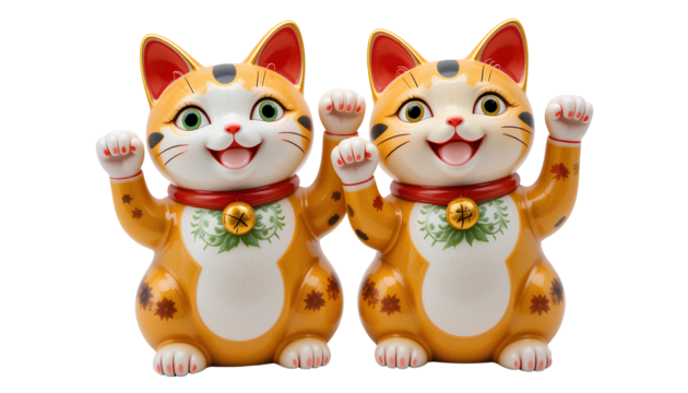 A pair of traditional Japanese lucky cat statues symbolizing good luck and prosperity