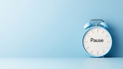 Blue Alarm Clock with Pause Text on Light Blue Background