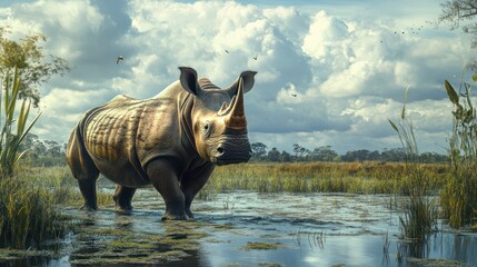 Majestic white rhinoceros in a swampy habitat.  A powerful, large rhino strolls through a shallow marsh, surrounded by tall grasses and a cloudy sky.  
