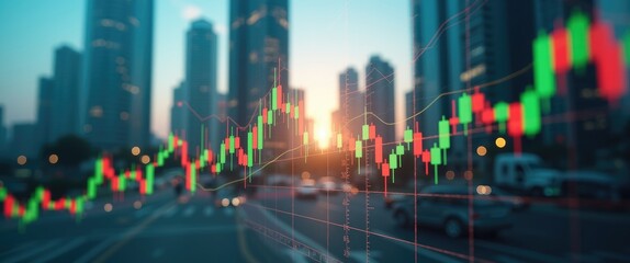 Investing and real estate market crash theme featuring a declining digital financial chart candlestick and graphs with data indicators against a business centers backdrop, double exposure.