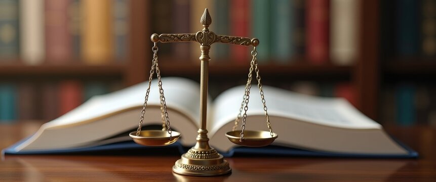 Legal office of lawyers, concept of justice and law featuring a balance scale of justice on a courtroom desk, representing fair and unbiased consideration of all evidence.