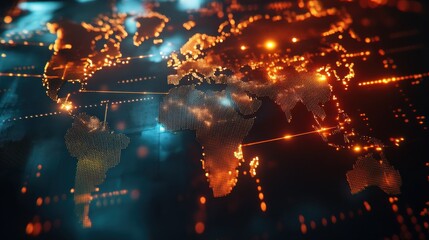 Digital World Map with Glowing Points and Connections Representing Data and Global Communication Network in 3D
