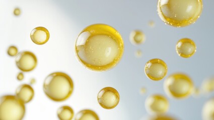 Isolated golden yellow serum or oil bubbles against a white background. Macro images of oil bubbles.