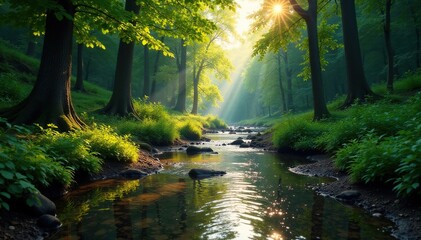 Obraz premium Clear stream meanders through dense forest, sunlight filtering through canopy , green, wildlife