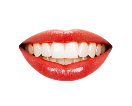 A close-up of a smiling mouth with glossy red lips and white teeth.