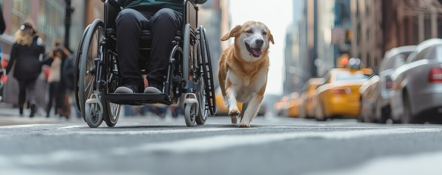 Person in wheelchair with a joyful dog on a city street