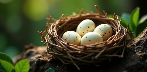 Fototapeta premium Intricate woven nest cradling speckled eggs, natural setting , wildlife photography, texture