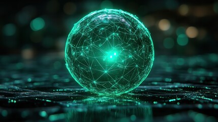 Glowing Green Holographic Sphere with Geometric Patterns in Cyberpunk Style