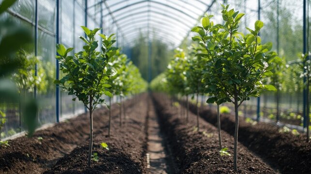 Symmetrical rows of young trees flourishing inside a modern greenhouse