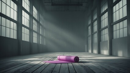 Large windows and an unfinished wooden floor occupy the space in the fitness center. An unrolled yoga mat lies on the ground, with no one present.