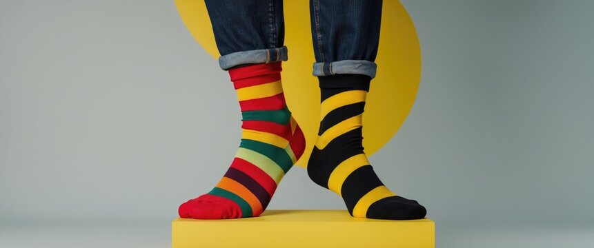 Legs adorned with various striped socks against a backdrop featuring copy space. Awareness concept.