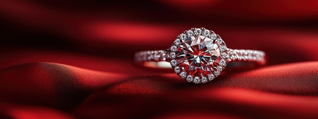 Diamond Engagement Ring with Heart Shaped Ribbon on Red Background Romantic Wedding Jewelry