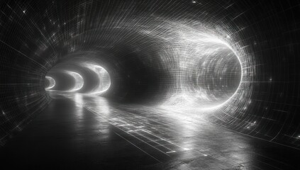 Futuristic Wormhole Visualization with Dynamic Glowing Points in Black and White Cyberspace Tunnel