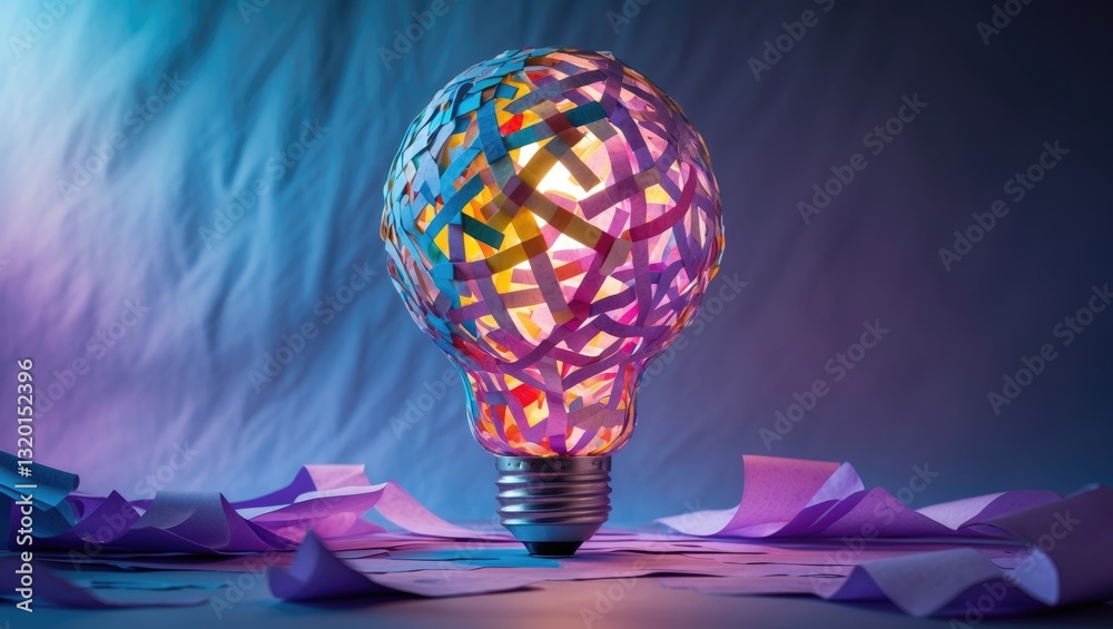 Wall mural lightbulb created from colorful paper against a backdrop