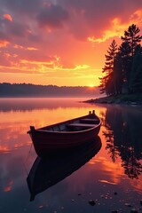 Obraz premium Fishing boat at rest on a still Minnesota lake; vibrant sunset , background, orange, midwest