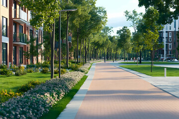 Obraz premium 3D Render of a tree-lined residential pathway with brick pavement, lush green lawns, and modern apartment buildings.