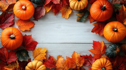 Autumn Pumpkins and Colorful Leaves with Empty Frame for Halloween and Thanksgiving Decoration