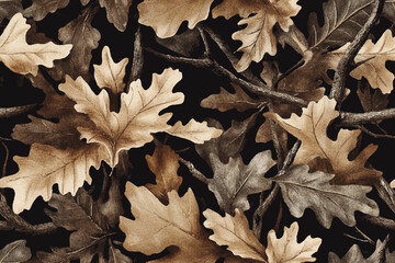 Real tree forest hunting camouflage seamless pattern design with barks and leaves. Camouflage repeat pattern