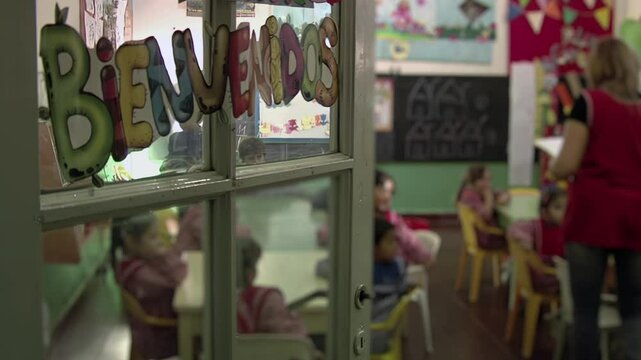 Argentinian Kindergarten Classroom With a Welcome Sign on the Door