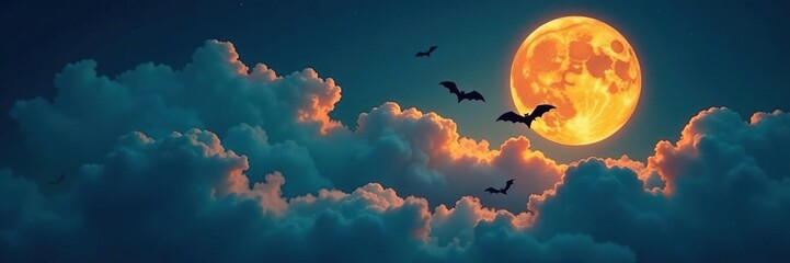 Spooky Halloween moon, bats fly through cloudy night sky, wings, moon