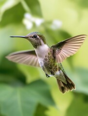 Fototapeta premium Hummingbird in flight with vibrant green backdrop of lush foliage