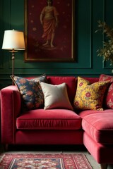 Velvet corner sofa, eclectic pillows, rich textures, layered decor, bohemian, living