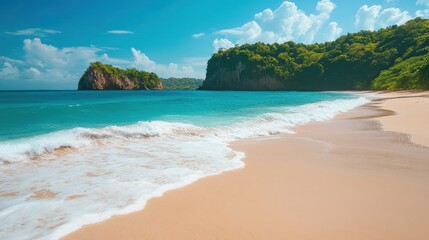 Fototapeta premium Paradise Coastline: Captivating view of a tropical beach, featuring crystal-clear turquoise waters gently caressing the soft, golden sands.