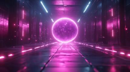 Futuristic glowing purple sphere surrounded by cyberpunk wireframe structures with neon lighting and a dark minimalist background