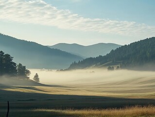 Fototapeta premium Ethereal mountain landscape enveloped in morning mist and diffused light